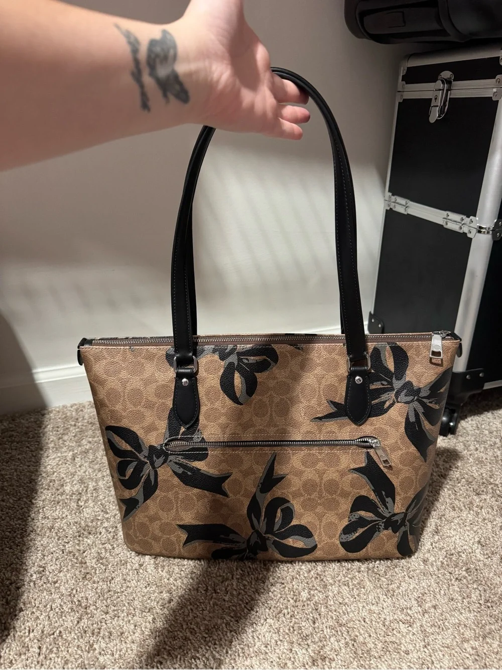 Coach Brown Signature Canvas Tote with Black Bow Print